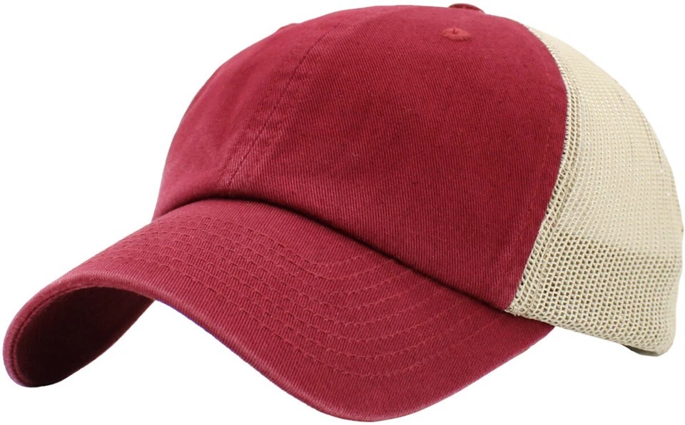 Burgundy/Khaki Trucker Mesh Back Dad Hat Baseball Cap Unconstructed 6 Panel - $24.99