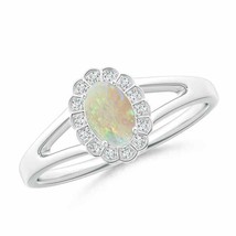 ANGARA Scallop-Edged Oval Opal Split Shank Ring with Diamond Halo - £517.16 GBP