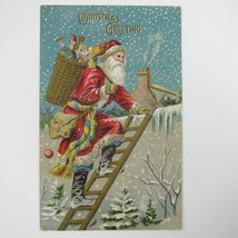 Vintage Christmas Postcard Old World Santa Ladder Toys Basket Embossed Antique - £14.42 GBP