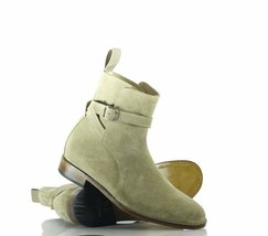 Handmade Men&#39;s Beige Suede Ankle Jodhpur Strap Boots, Men Ankle Fashion Boots - £122.11 GBP