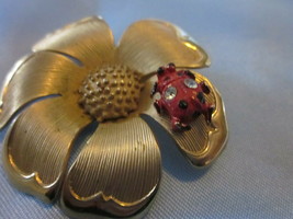 Vintage BEAU JEWELS gold color,enamel flower w/ ladybug pinSigned &amp; Numbered - £19.58 GBP