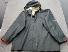 Grundens Fishing Coat Mens Medium Green Leather Hooded Snap Front Drawst... - $65.09