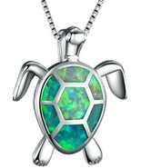 Turtle Pendant Necklace Imitation Green Opal Rhinestone w/Silver Clavicl... - $28.05 CAD