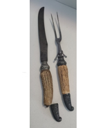 ANTIQUE CARVING FORK &amp; KNIFE STERLING SILVER ANTLER HANDLES Patent July ... - €40,92 EUR