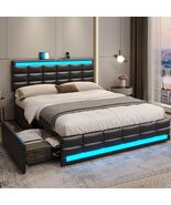 Marco Cama Con Plataforma Cabecero Respaldo Tapizado Queen con luces LED... - $329.19