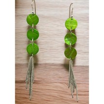 Green Dangle Earrings Circles Discs Silver Tone Chain Tassel Vintage Ret... - $12.95