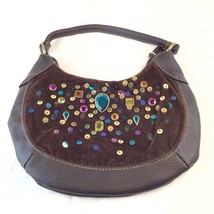 Sequined And Bejeweled Small Handbag Chocolate Suede And Pleather Woman&#39;s Purse - £7.02 GBP
