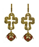 Sanctuary Cross NoMonet Earrings Gold Red Cream Crystal Hand Crafted in USA - $40.60 CAD
