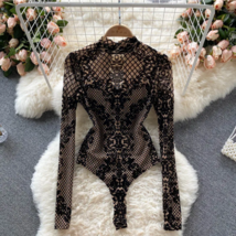 Fashion Summer Velvet Slim Long Sleeves Vintage Bodycon Mesh Bodysuits - $30.95