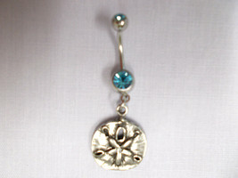 New 2 Sided Beach Sand Dollar Pewter Pendant On 14g Turquoise Blue Cz Belly Ring - £6.37 GBP
