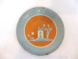 Vintage Miniature Orange &amp; Blue Tin Litho Saucer House Tree and Flower 4... - $19.60