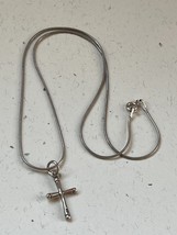 Vintage 925 Marked Thin Tubular Silver Chain w Small Signed CROSS Pendant Neckla - £17.75 GBP