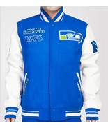Seahawks Blue Wool White Genuine Leather Sleeves Varsity Jacket - $129.99+