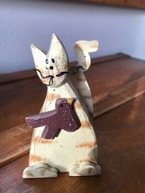 Estate Small Cream &amp; Orange Painted Wood Kitty Cat with Red Bird &amp; Metal... - £8.88 GBP