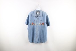 Vtg 90s Womens 20W Distressed Country Primitive Bear Flower Denim Button Shirt - £31.03 GBP