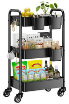 3 Tier Rolling Cart - Metal Utility Cart with 3 Hanging Cups &amp; 4 Hooks, - $133.16