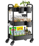 3 Tier Rolling Cart - Metal Utility Cart with 3 Hanging Cups &amp; 4 Hooks, - $2,530.95 MXN