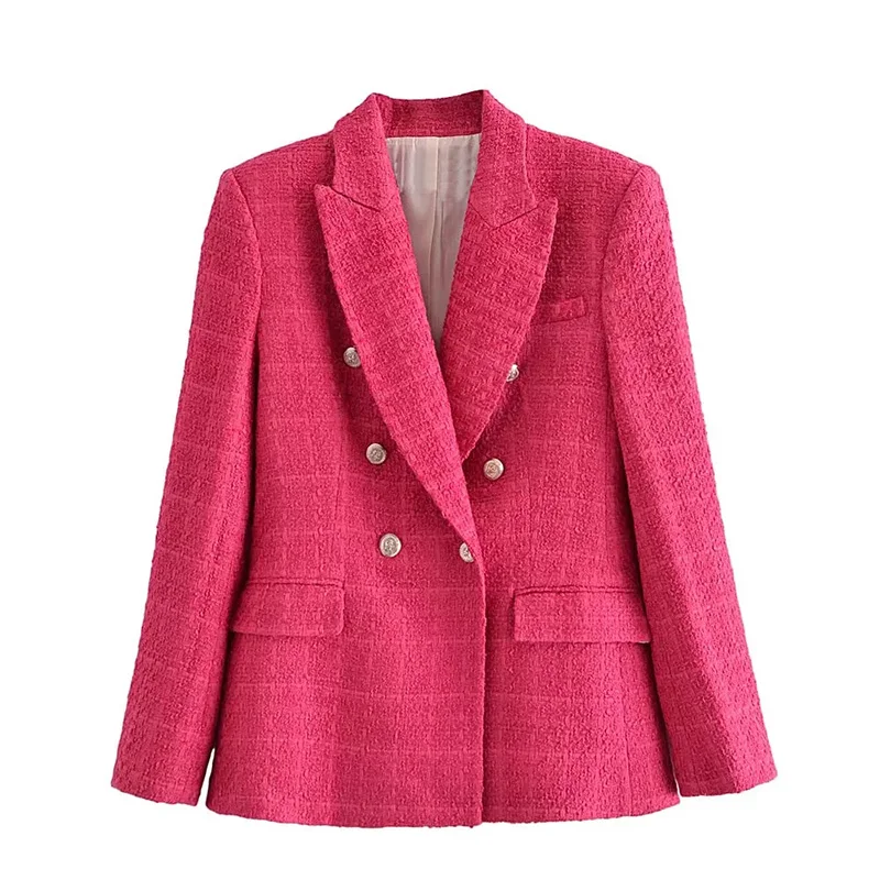 TRAF   Woman Blazer Autumn  Textured Double-Breasted Blazer Jacket Casual Long S - £150.76 GBP