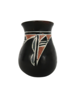 Unsigned vintage tiny black &amp; brown glaze tribal pattern bud vase - $16.41 CAD
