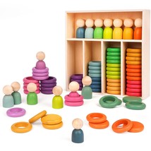 Montessori Toys Wooden Color Sorting Stacking Rings Toy Rainbow Wooden Peg Dolls - £40.79 GBP