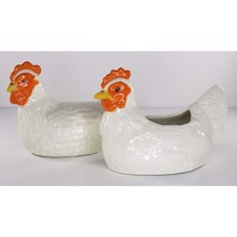 Chicken Hen Planter and Figurine Set of 2 White Ceramic Vintage - £15.97 GBP