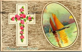 Happy Eastertide Cross Sailboat in Egg Faux Wood Embossed 1911 DB Postca... - $9.85