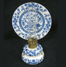 Vintage Porcelain Floral Blue &amp; White Oil Lamp with Reflector Dish Plate... - £54.08 GBP