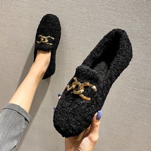 Chain Lambswool Flats Femme Slip On Plush Winter Ladies Shoes Curly Furry Loafer - £29.31 GBP