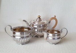 Antique Hand Crafted Silver Plate 3 Pc Tea Set Ribbed Body Embossed Flor... - £85.13 GBP