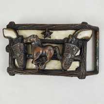 Vintage Western Cowboy Belt Buckle Holstered Guns Horse Corral Metallic Pearl - £19.97 GBP