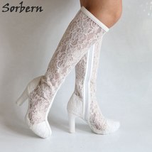 Elegant White Lace Chunky High Heels Knee High Boots For Women Round Toe Platfor - £282.49 GBP