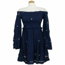 FREE PEOPLE Blue Counting Daisies Embroidered Off Shoulder Cotton Blend Dress XS - £62.92 GBP