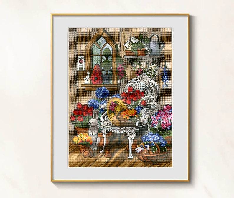 Primary image for Flower Shop Cross Stitch Vintage Pattern pdf - Bouquet cross stitch floral chart