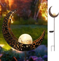 Moon Solar Garden Lights Outdoor Stakes Waterproof Crackle Glass Metal Decorativ - £41.66 GBP