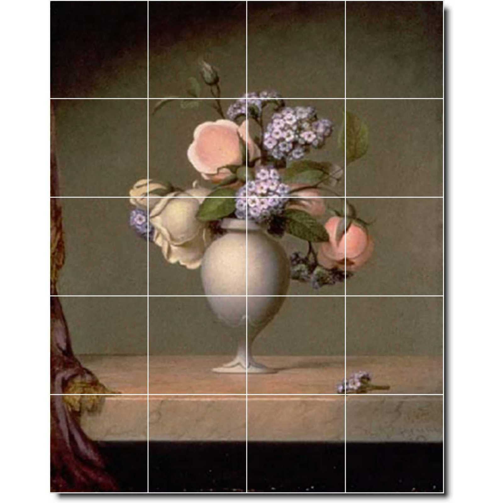 Heade martin roses and heliotrope in a vase on a marble tabletop