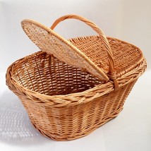 Woven wicker Picnic basket with handle Lid Willow traditional storage hamper - £43.29 GBP