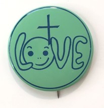 Vintage Love Cross Smiley Face  Pin Button  1.5&quot; Blue Green - £7.11 GBP