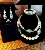 OOAK Handcrafted Wire Wrapped, Green Pearl, Silvertone Herringbone Jewelry Sets - £47.78 GBP+