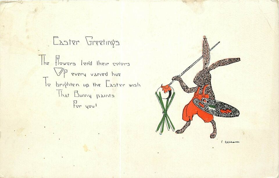 Antique DB Easter Postcard J497 Weaver Art Rabbit Painting an Egg Cancel... - $5.94