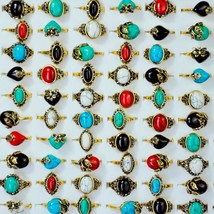 100Pcs Mixed Vintage Turquoises Rhinestone Ancient Gold Women Rings female anel  - £70.63 GBP