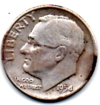1954 Roosevelt Dime - Silver - Circulated Minimum Wear - $8.00
