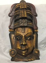Vintage Hindu Goddess head colored hand crafted wood wall hanging sculpture - $178.20