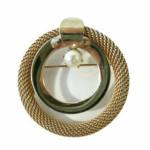 Signed Kramer of New York Brooch Gold Tone &amp; Faux Pearl Metal Mesh Circle Wreath - £18.49 GBP