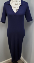 Nina Leonard Sweater Dress Womens Large Navy Ribbed Rayon 3/4 Sleeve Collared - $27.62