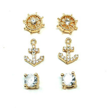 3 Pack Stud Earring Set Gold Marine Captains Nautical Wheel Rhinestone Anchor - £4.58 GBP