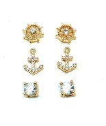 3 PACK STUD EARRING SET GOLD MARINE CAPTAINS NAUTICAL WHEEL RHINESTONE A... - €4,90 EUR
