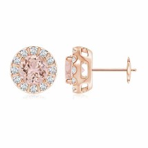 Natural Morganite Round Earrings with Diamond Halo in 14K Gold (Grade-AAA , 6MM) - £1,198.84 GBP