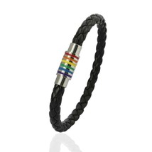 BRAIDED BLACK LEATHER RAINBOW BRACELET Magnetic Clasp LGBTQ PRIDE Gay Le... - $3.95