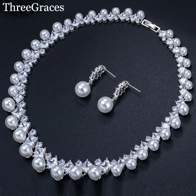 Luxurious Cubic Zirconia Big Simulated Pearl Choker Necklace Earrings Bridal Wed - £50.26 GBP