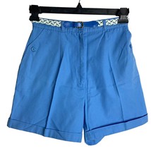 Vintage 80s High Waisted Belted Shorts S Blue Pockets Cuffed Button Zipper - $22.23